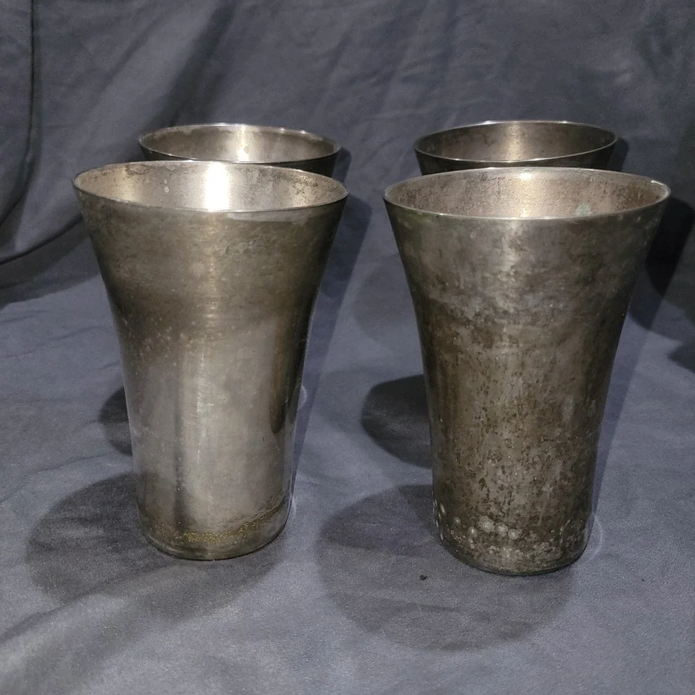 Set Of 4 Vintage Nickel Silver Tumblers Cups Metal Drinkware Bar